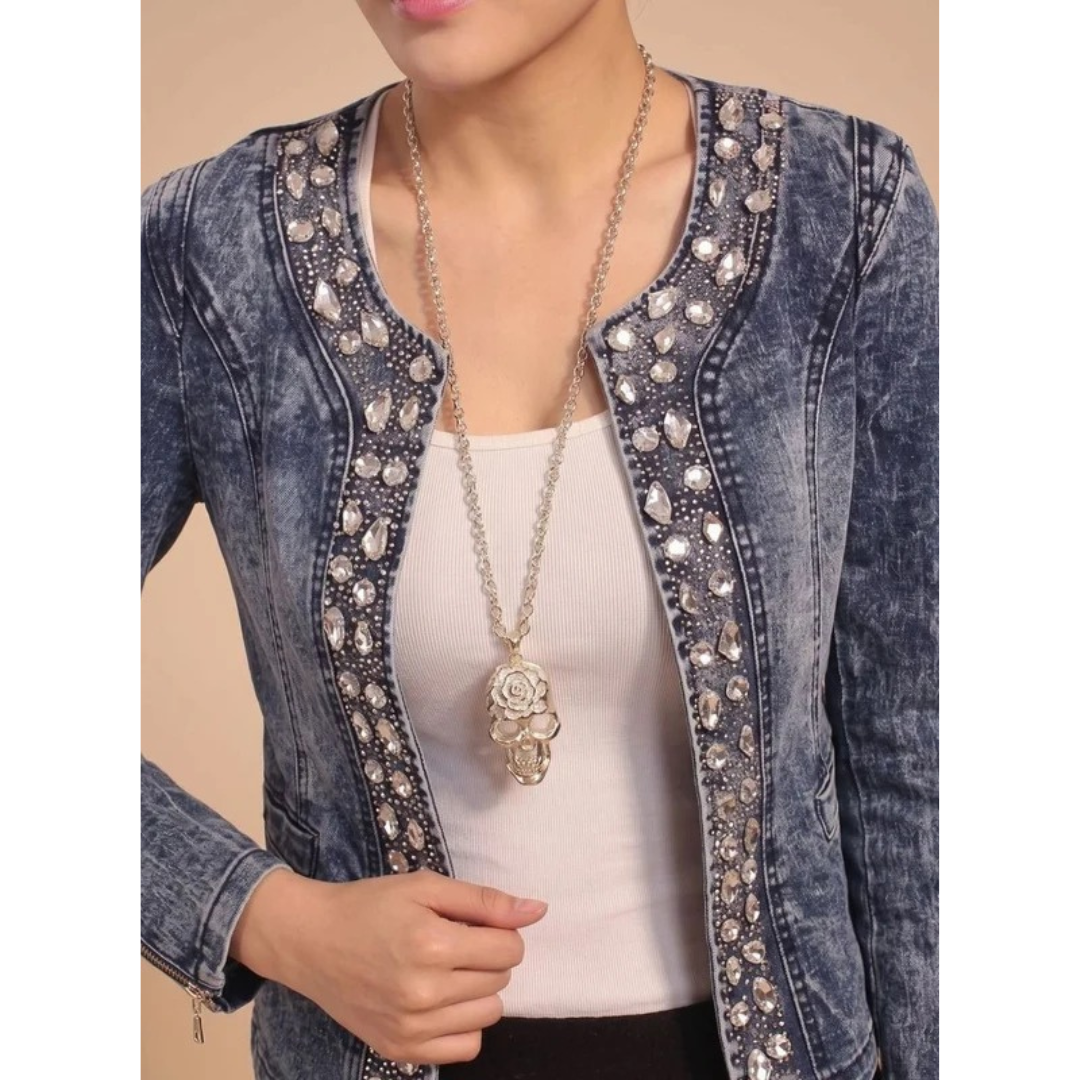 Enid | Damen blaue Übergangsjacke mit Strass und Langarm