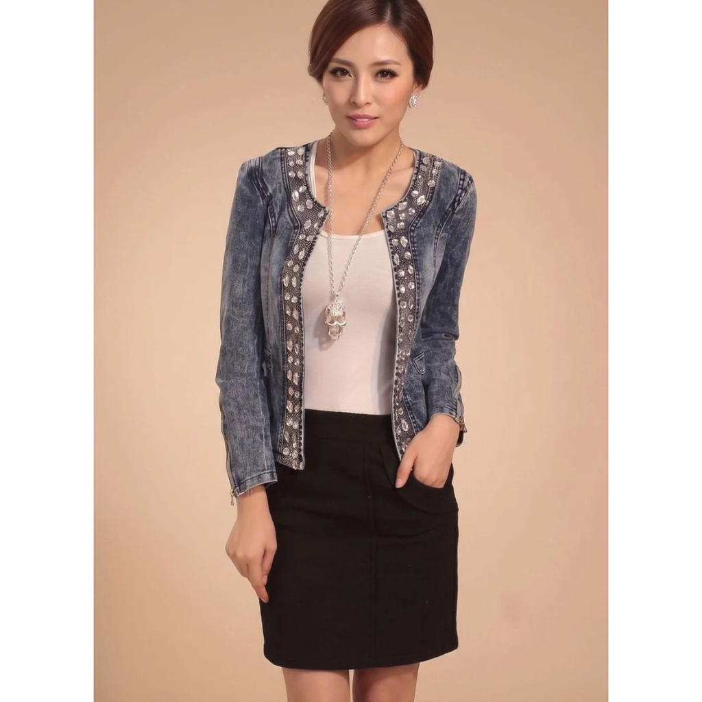 Enid | Damen blaue Übergangsjacke mit Strass und Langarm