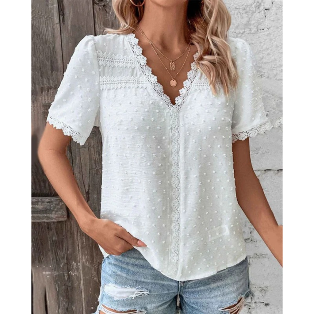 Erna | Damen Stilvolle Weiße Boho Kurzarm Bluse