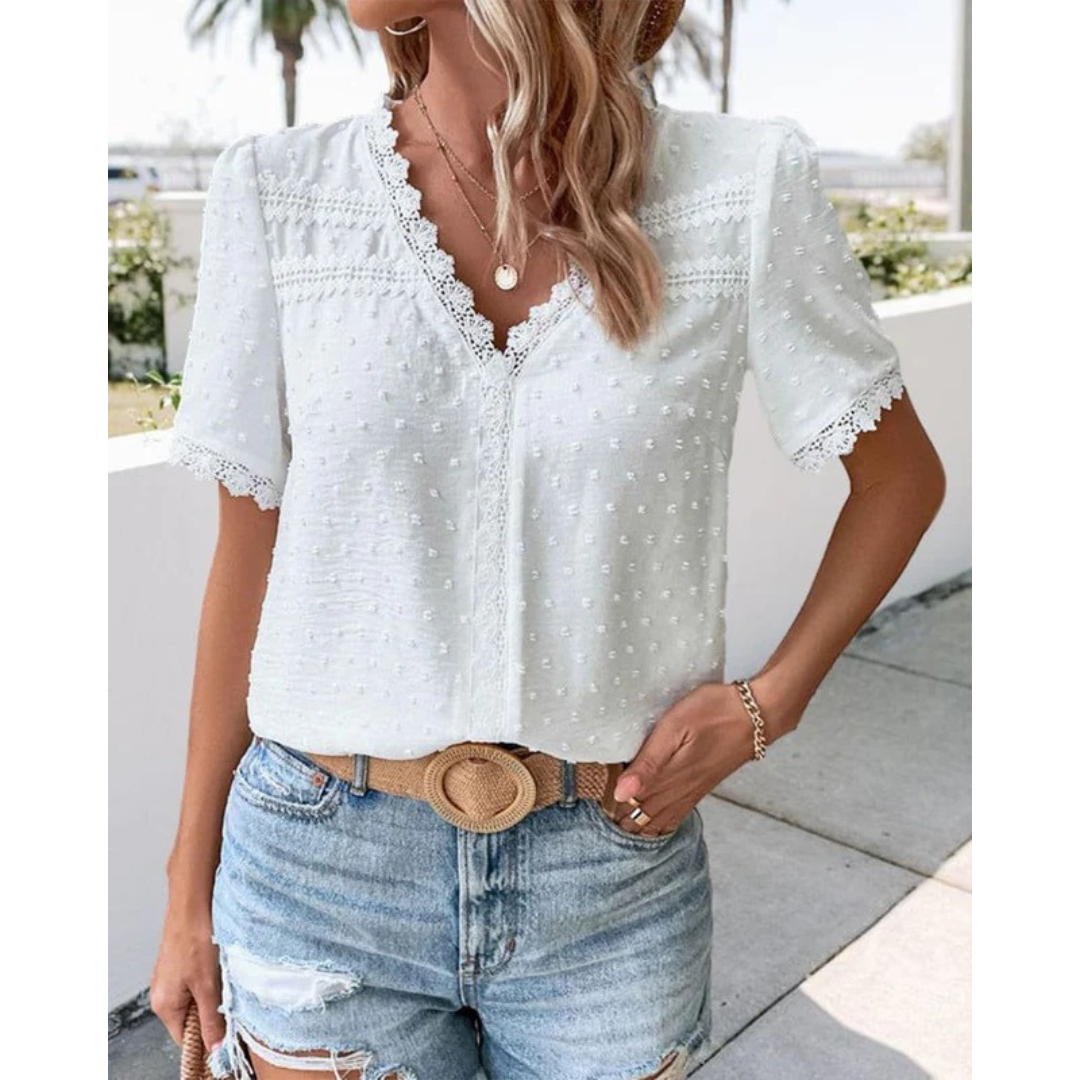 Erna | Damen Stilvolle Weiße Boho Kurzarm Bluse