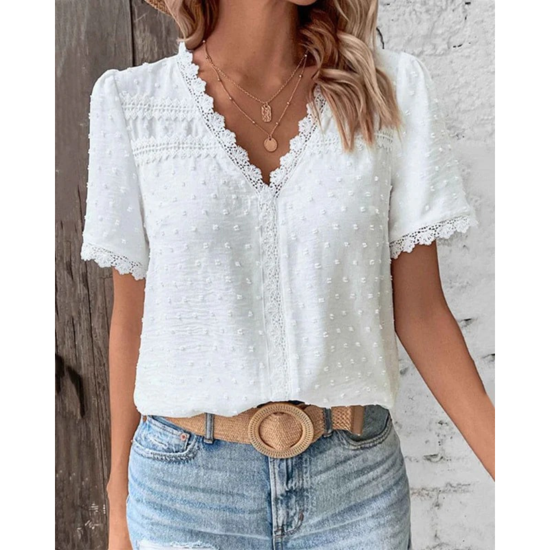 Erna | Damen Stilvolle Weiße Boho Kurzarm Bluse