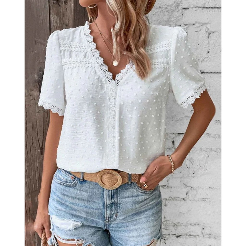 Erna | Damen Stilvolle Weiße Boho Kurzarm Bluse