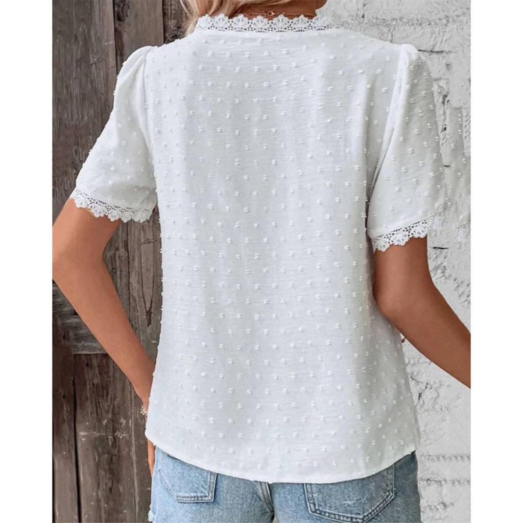 Erna | Damen Stilvolle Weiße Boho Kurzarm Bluse