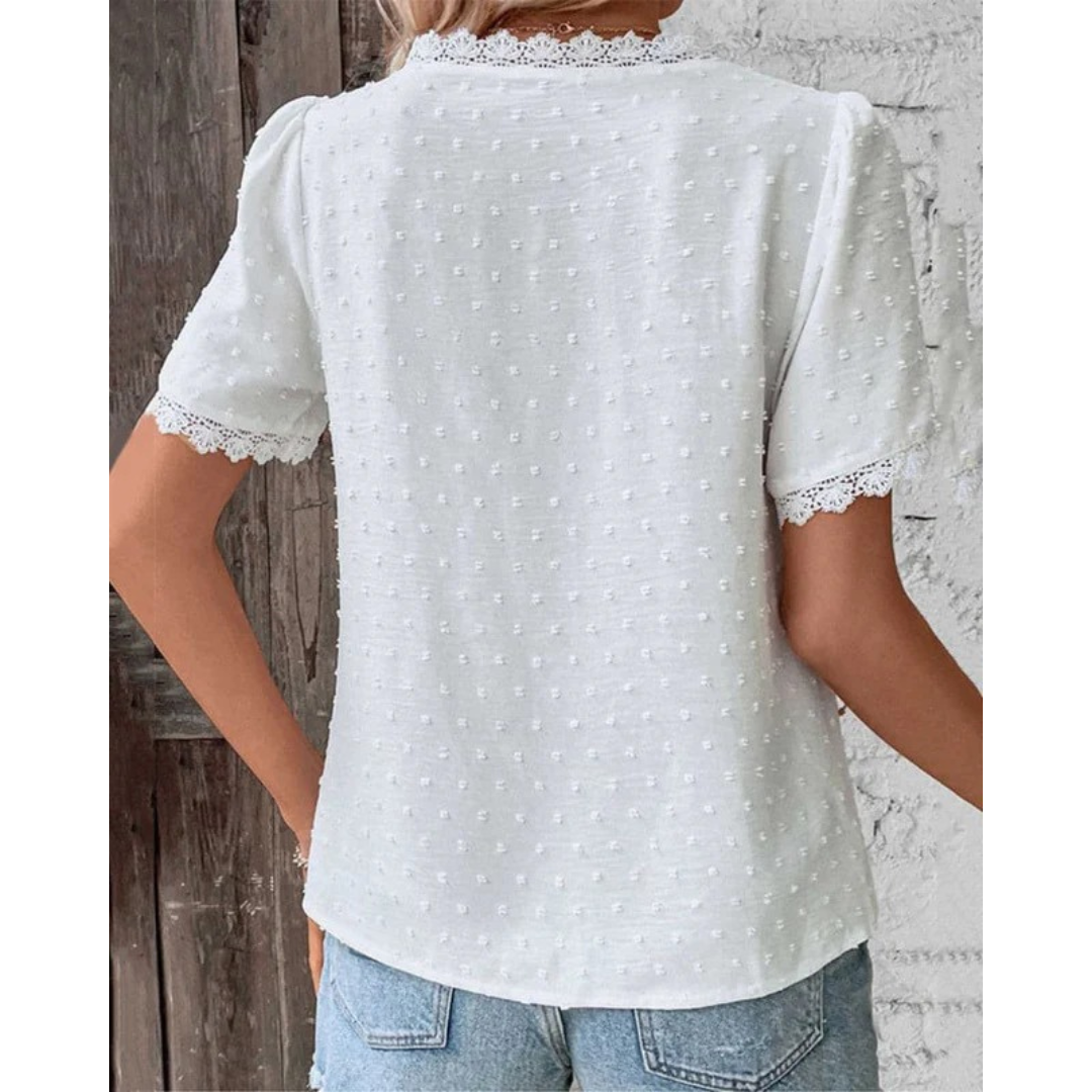 Erna | Damen Stilvolle Weiße Boho Kurzarm Bluse