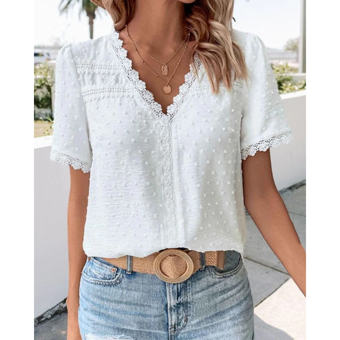 Erna | Damen Stilvolle Weiße Boho Kurzarm Bluse