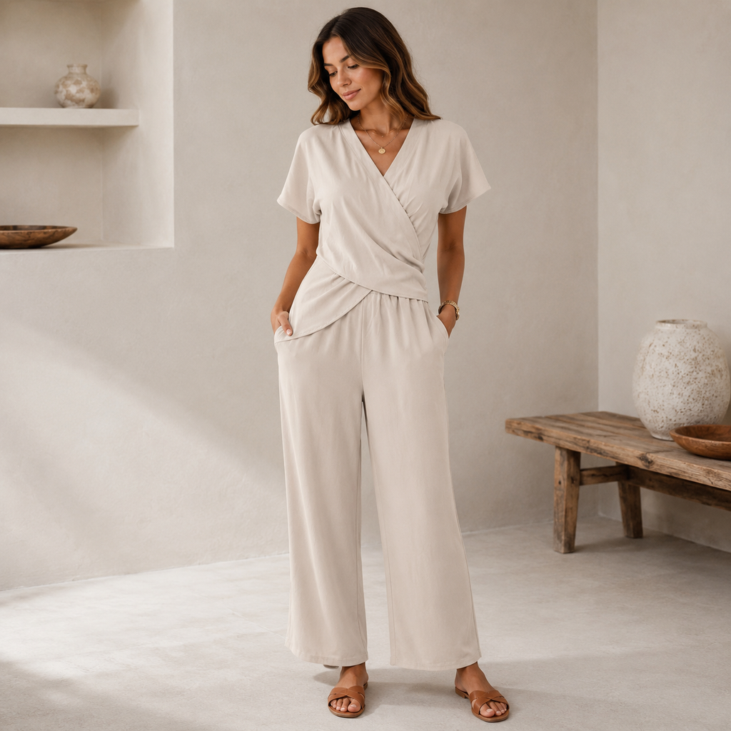 Estelle | Damen Jumpsuit V-Ausschnitt Kurzarm Casual
