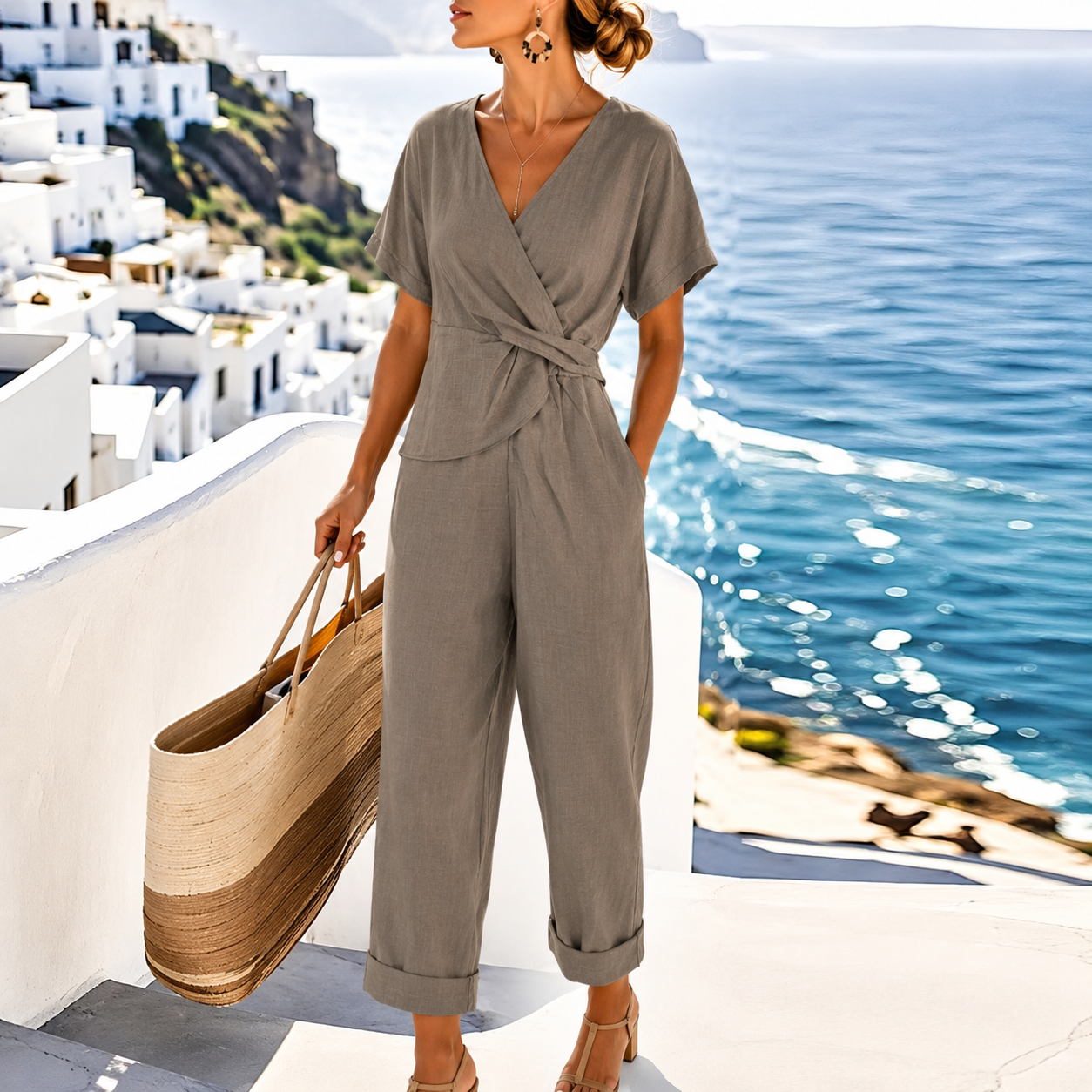 Estelle | Damen Jumpsuit V-Ausschnitt Kurzarm Casual