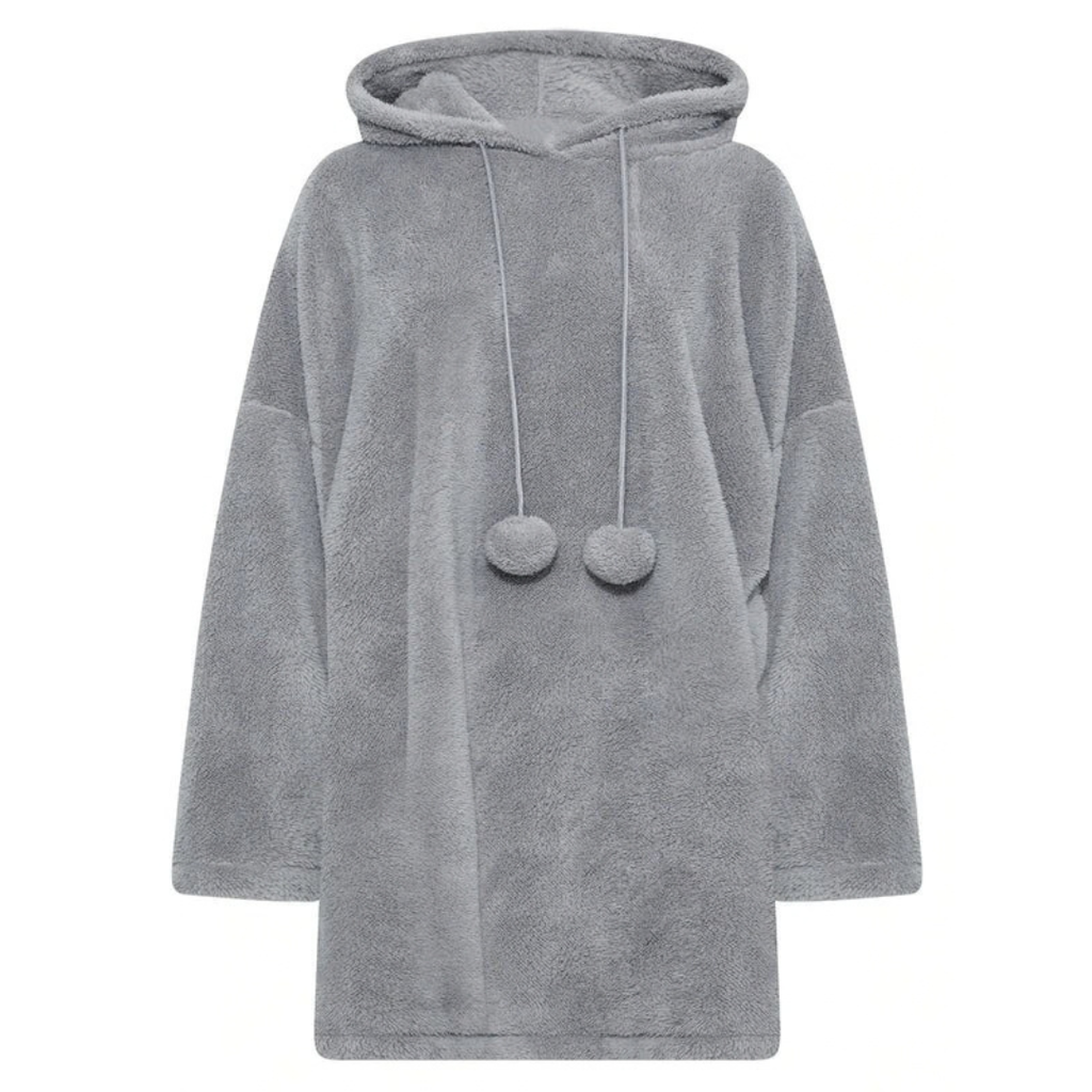 Eveline | Damen Grau Hoodie Kleid für Große Größen mit Teddy und Kapuze im Oversize Stil