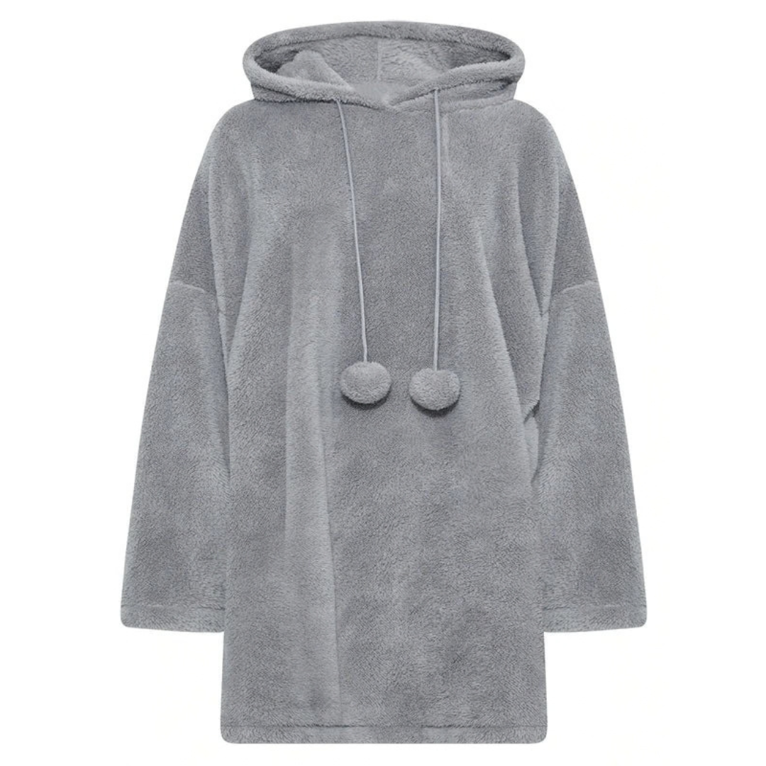 Eveline | Damen Grau Hoodie Kleid für Große Größen mit Teddy und Kapuze im Oversize Stil