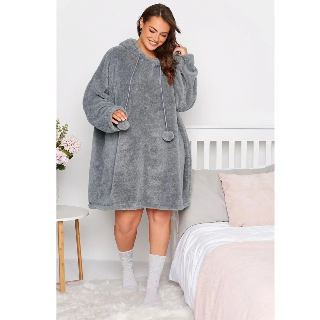 Eveline | Damen Grau Hoodie Kleid für Große Größen mit Teddy und Kapuze im Oversize Stil