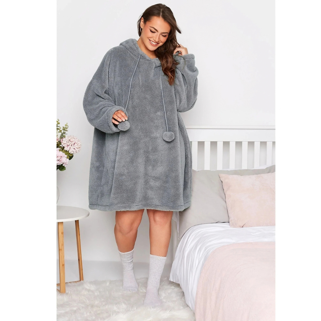 Eveline | Damen Grau Hoodie Kleid für Große Größen mit Teddy und Kapuze im Oversize Stil