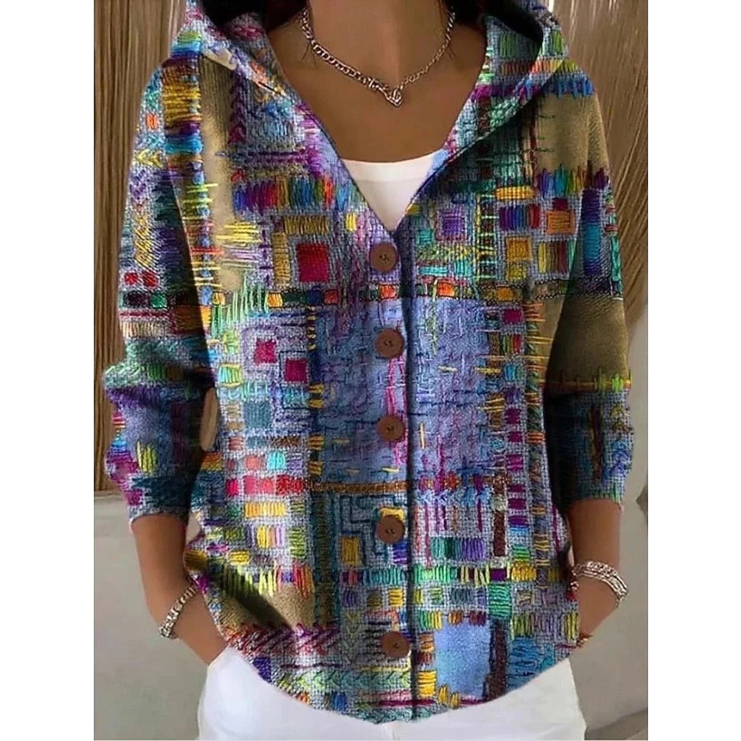 Eveline | Damen Strickjacke mit Kapuze, Knöpfen und Blumen Design