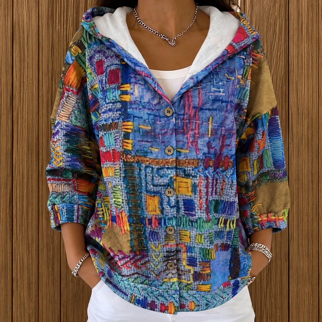 Eveline | Damen Strickjacke mit Kapuze, Knöpfen und Blumen Design