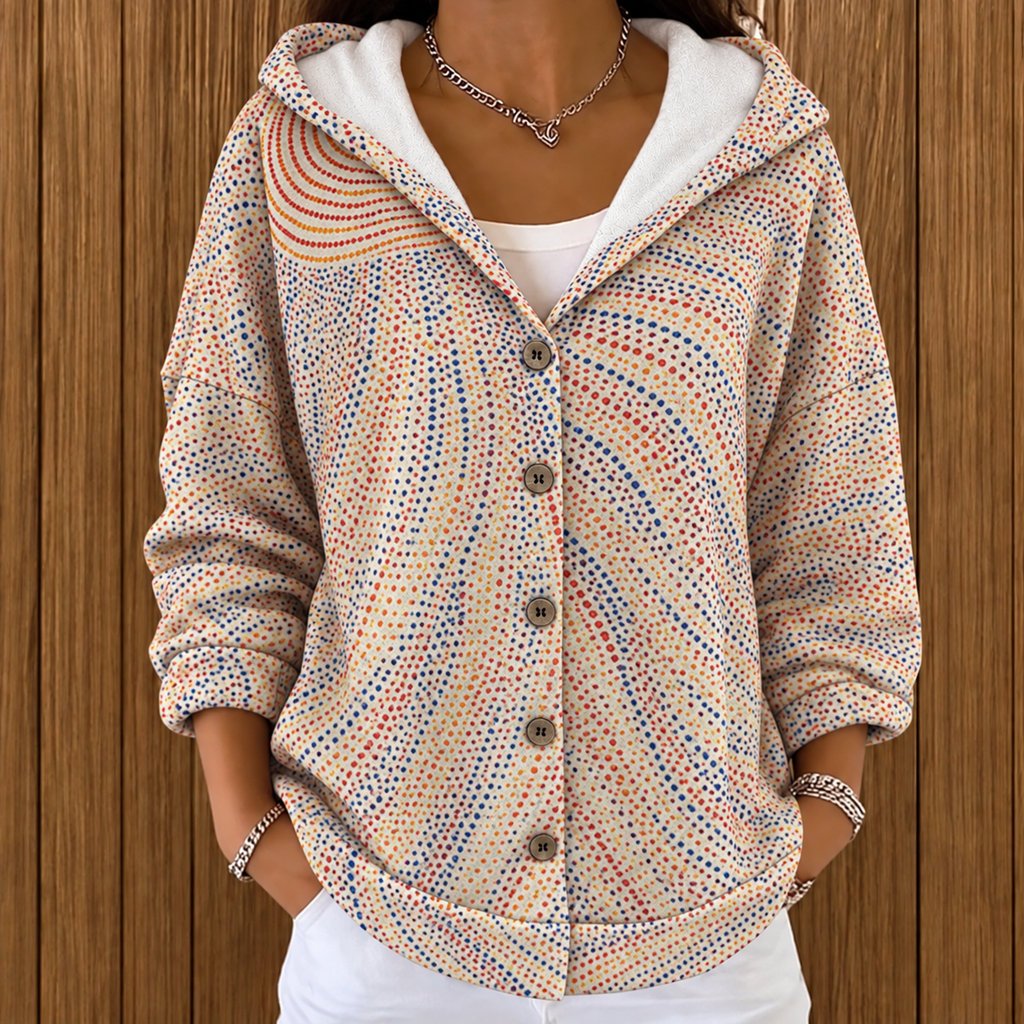 Eveline | Damen Strickjacke mit Kapuze, Knöpfen und Blumen Design