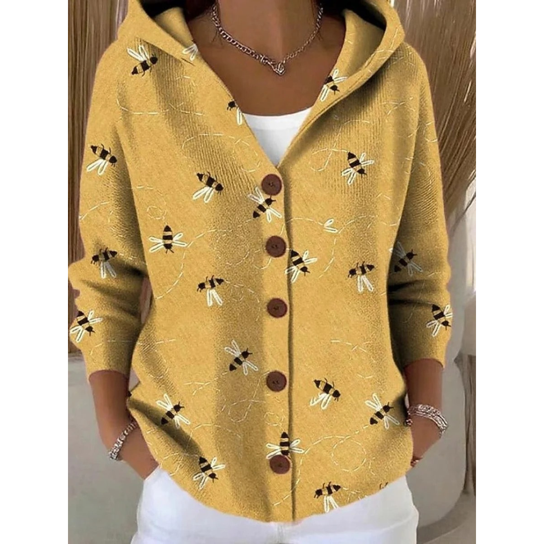 Eveline | Damen Strickjacke mit Kapuze, Knöpfen und Blumen Design