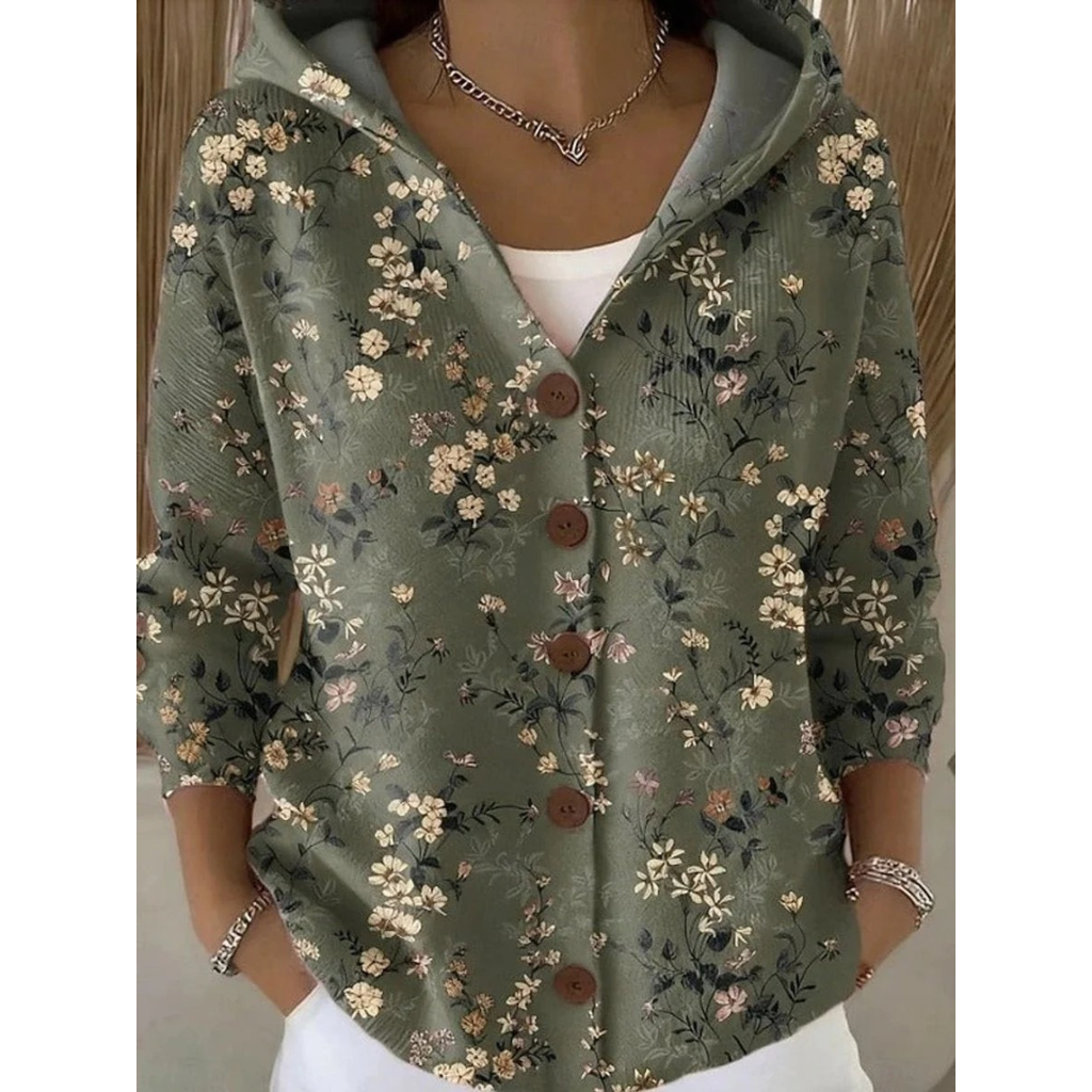 Eveline | Damen Strickjacke mit Kapuze, Knöpfen und Blumen Design