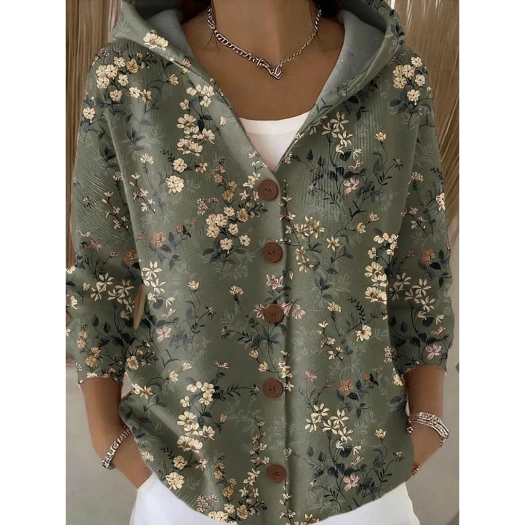 Eveline | Damen Strickjacke mit Kapuze, Knöpfen und Blumen Design