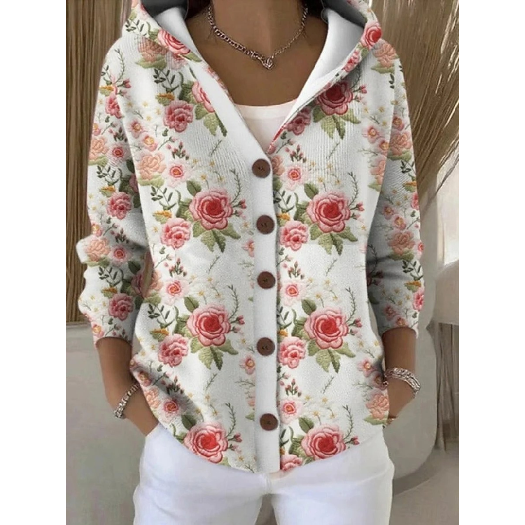 Eveline | Damen Strickjacke mit Kapuze, Knöpfen und Blumen Design