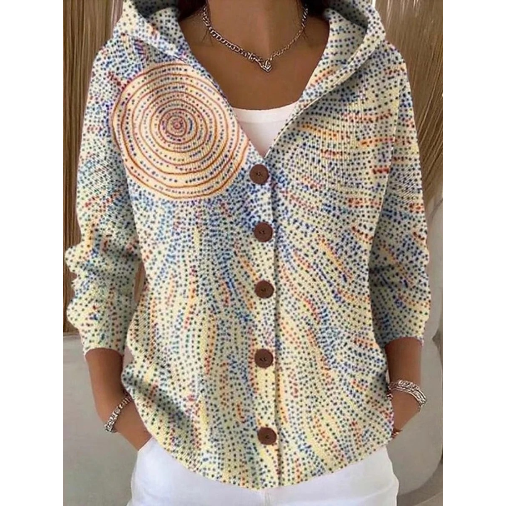 Eveline | Damen Strickjacke mit Kapuze, Knöpfen und Blumen Design