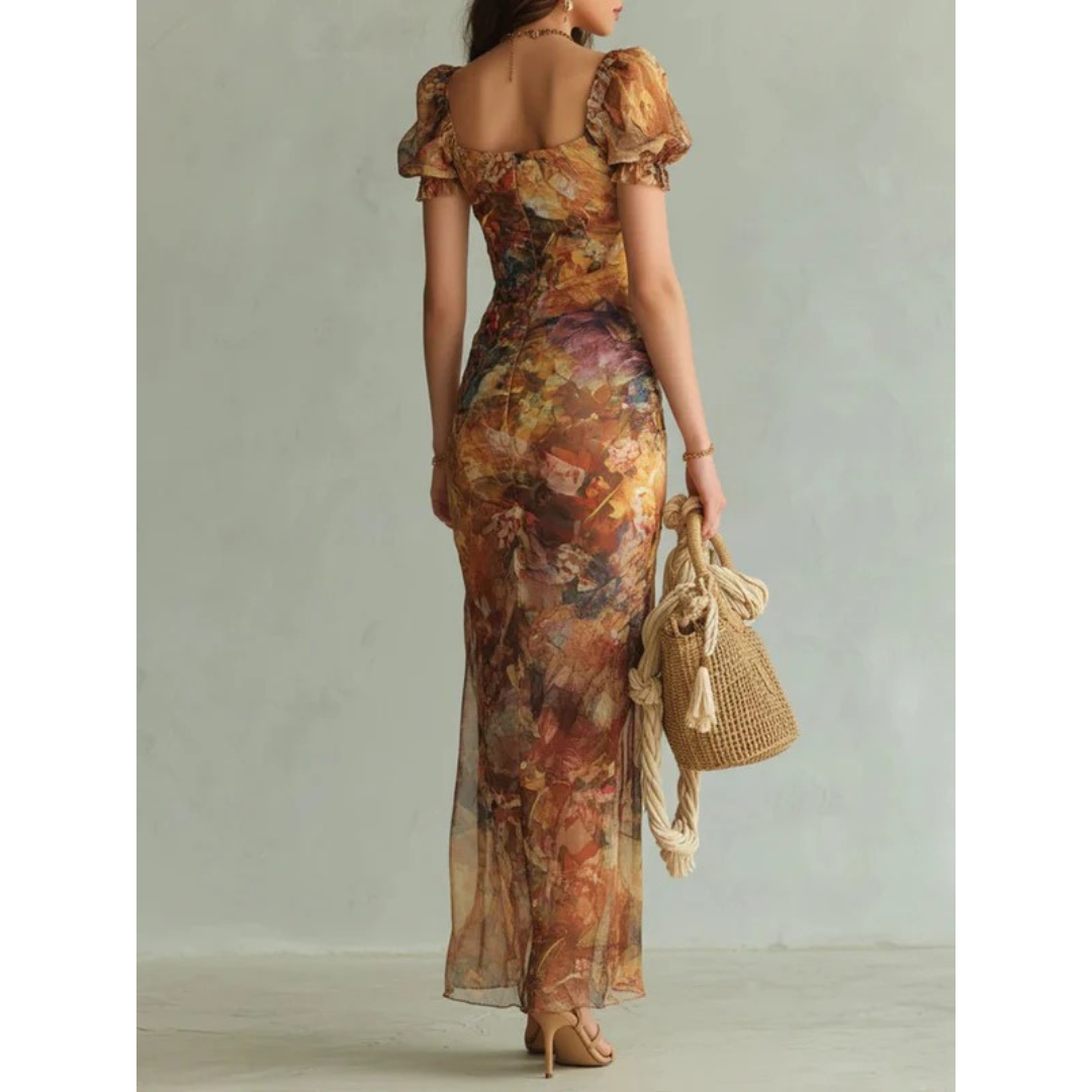 Evi | Damen Oranges Blumen Chiffon Maxikleid