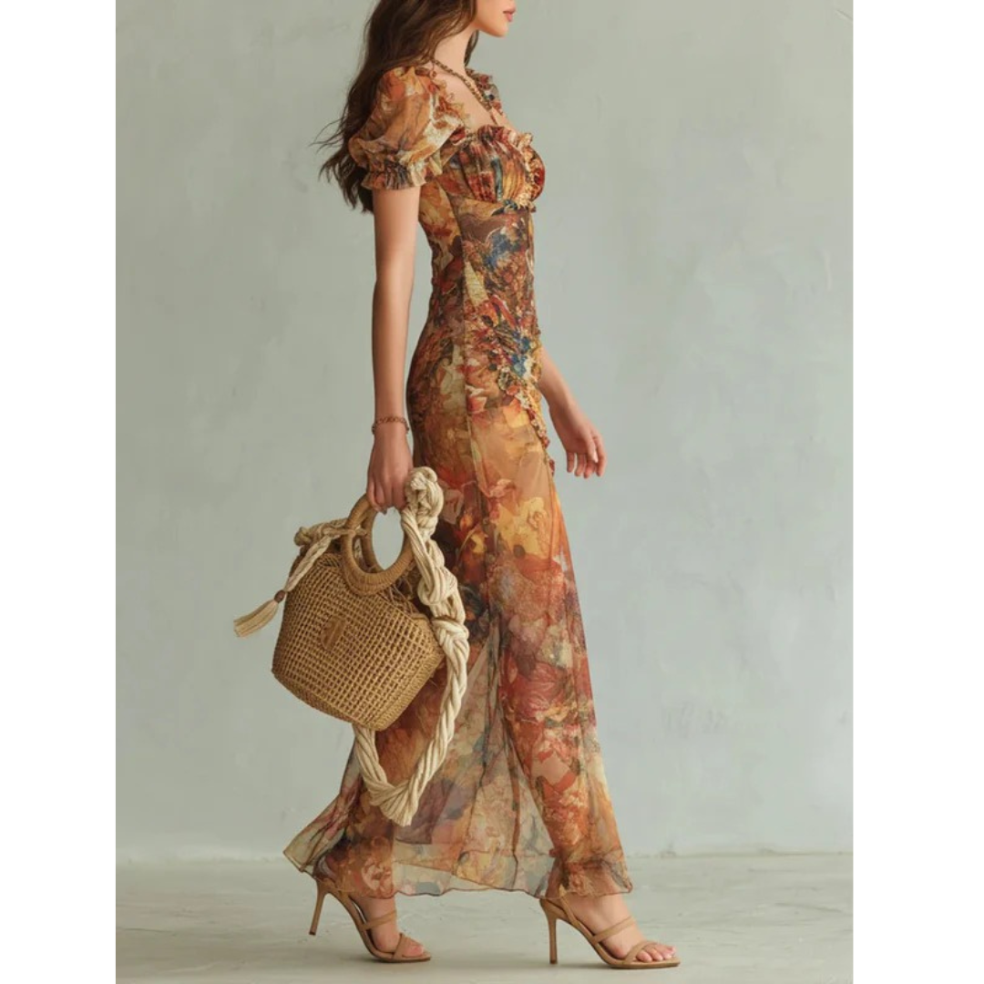 Evi | Damen Oranges Blumen Chiffon Maxikleid