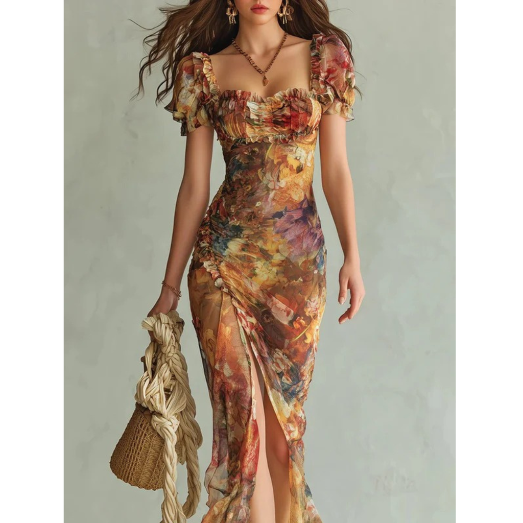 Evi | Damen Oranges Blumen Chiffon Maxikleid