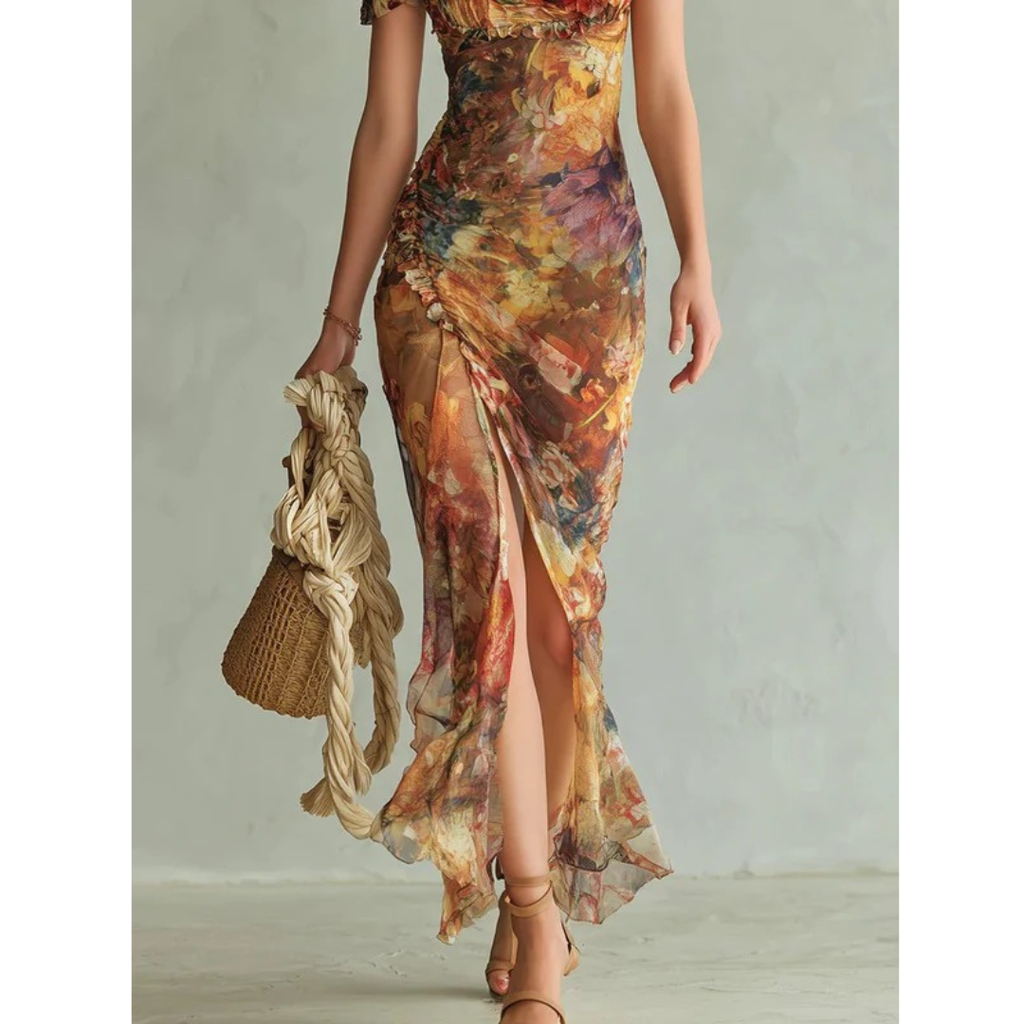 Evi | Damen Oranges Blumen Chiffon Maxikleid