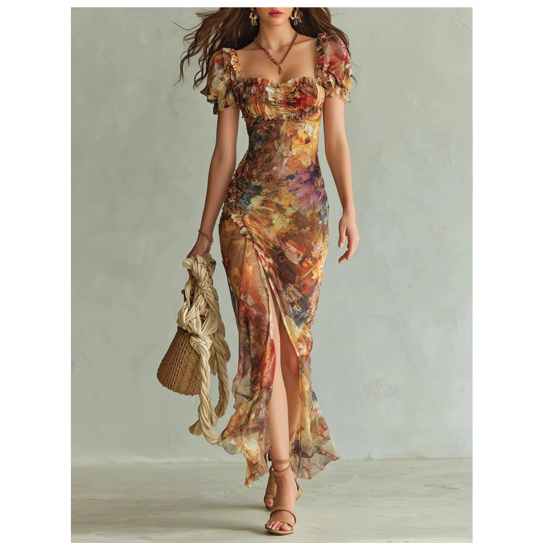 Evi | Damen Oranges Blumen Chiffon Maxikleid