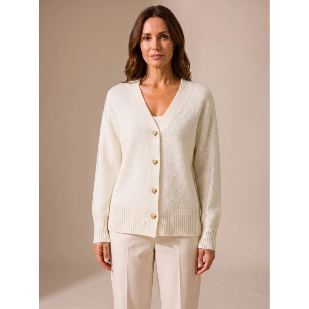 Faye | Damen Strickjacke mit V Ausschnitt und Herz Knöpfen