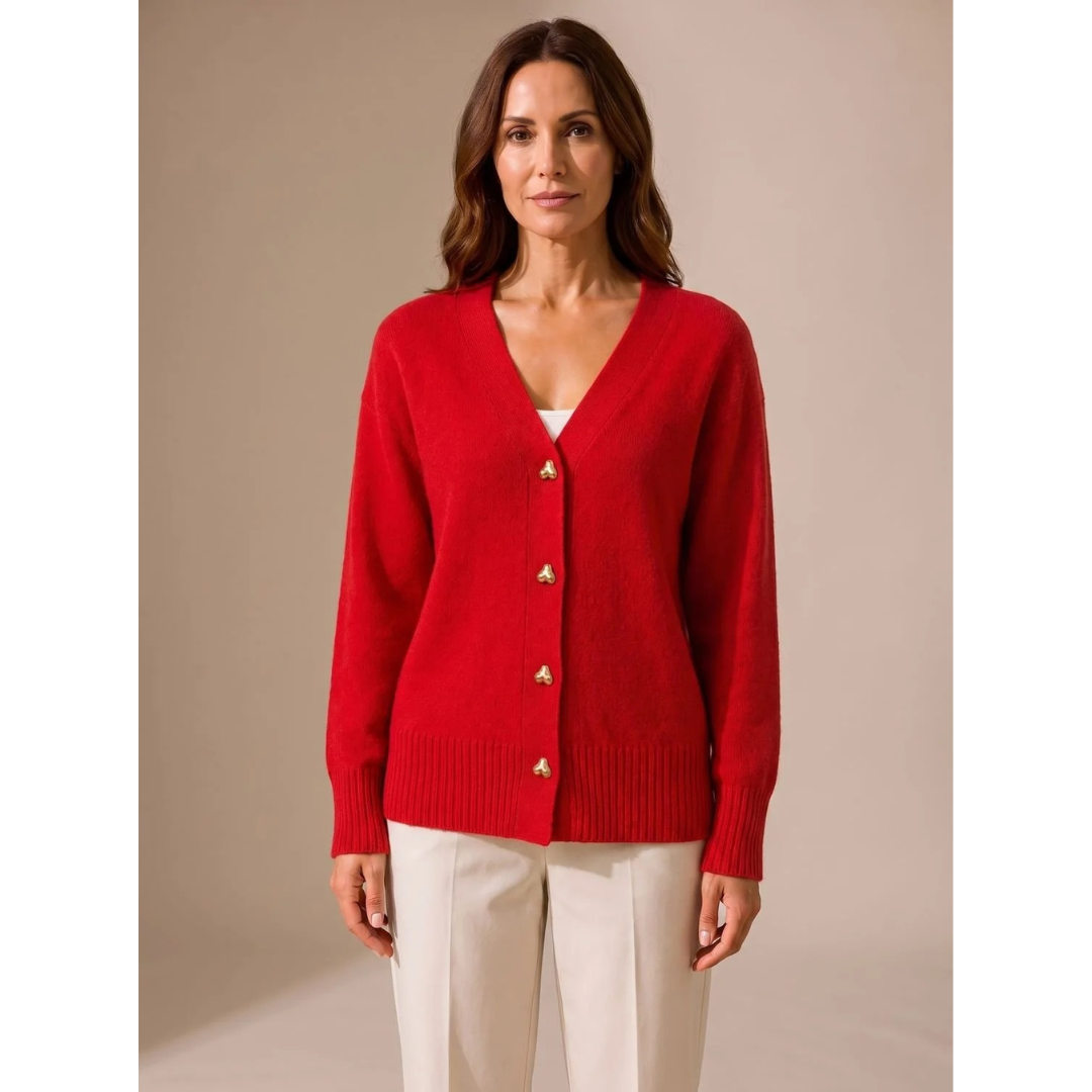 Faye | Damen Strickjacke mit V Ausschnitt und Herz Knöpfen