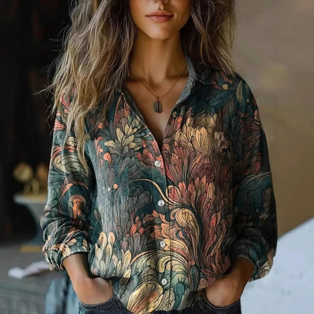 Fea | Damen Boho Langarm bluse Mit Floral Muster