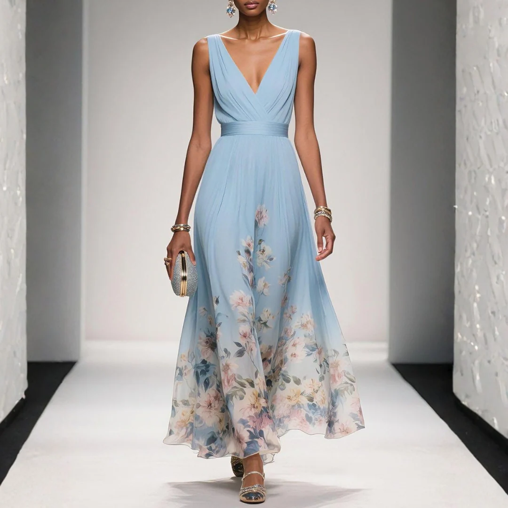 Felicitas | Damen Abendkleid mit V-Ausschnitt und Blumen