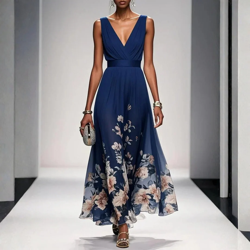 Felicitas | Damen Abendkleid mit V-Ausschnitt und Blumen