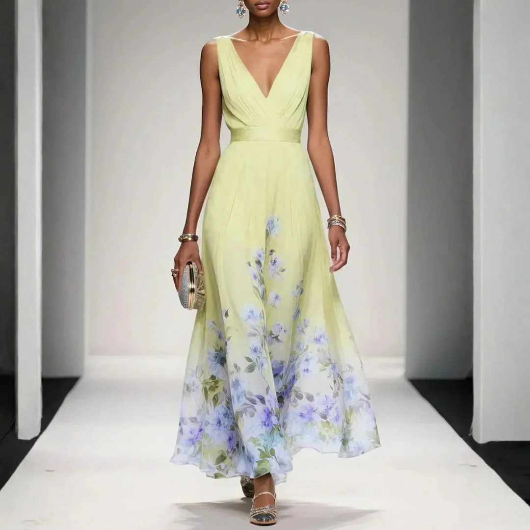 Felicitas | Damen Abendkleid mit V-Ausschnitt und Blumen