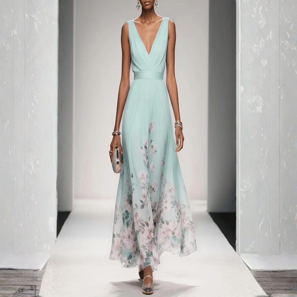 Felicitas | Damen Abendkleid mit V-Ausschnitt und Blumen