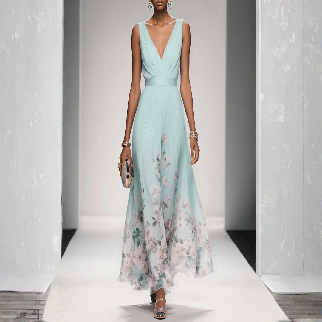Felicitas | Damen Abendkleid mit V-Ausschnitt und Blumen