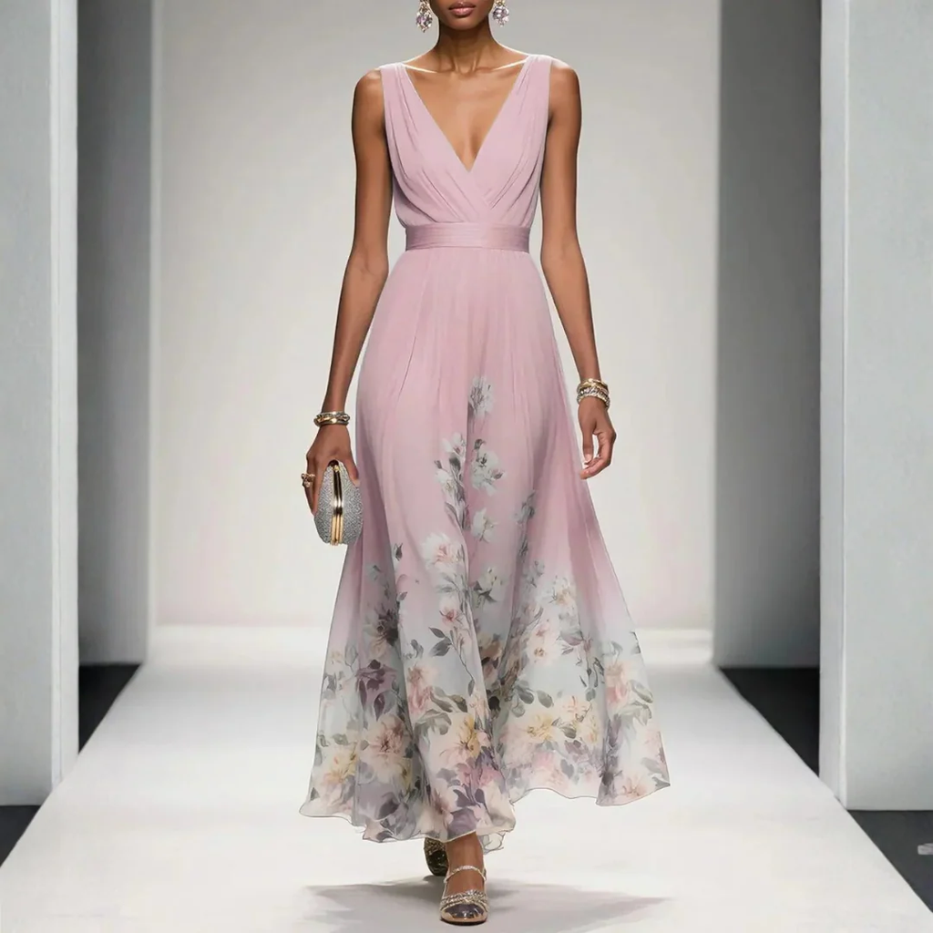 Felicitas | Damen Abendkleid mit V-Ausschnitt und Blumen