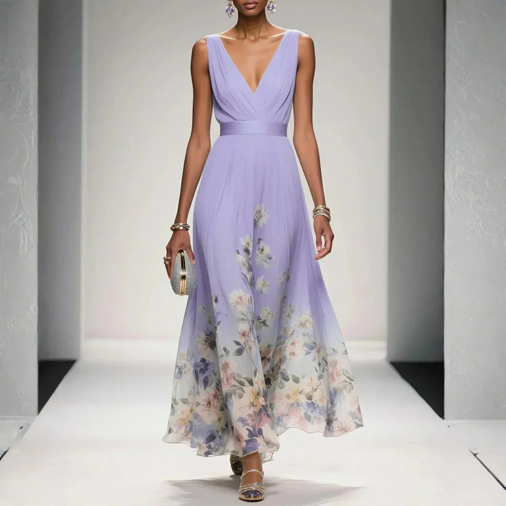 Felicitas | Damen Abendkleid mit V-Ausschnitt und Blumen