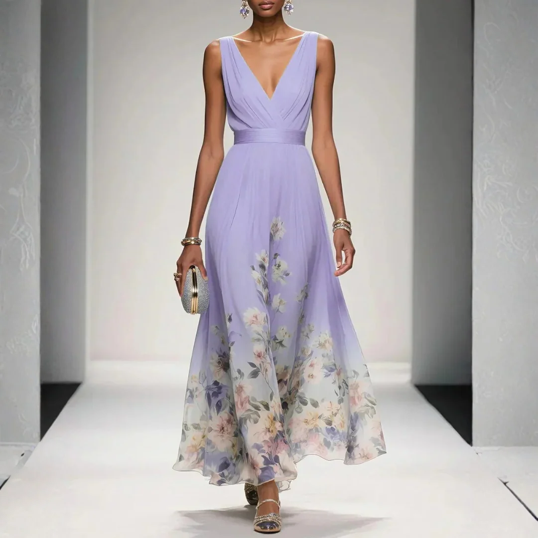 Felicitas | Damen Abendkleid mit V-Ausschnitt und Blumen