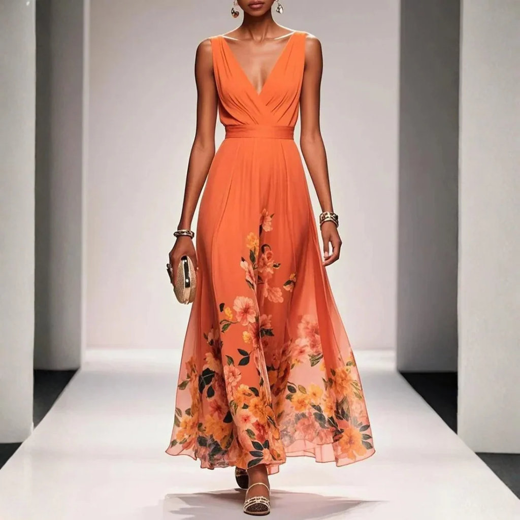 Felicitas | Damen Abendkleid mit V-Ausschnitt und Blumen