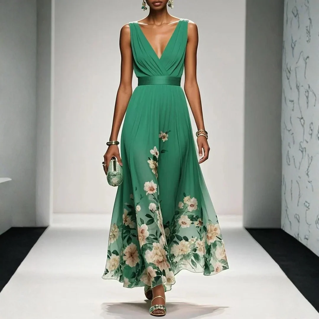 Felicitas | Damen Abendkleid mit V-Ausschnitt und Blumen