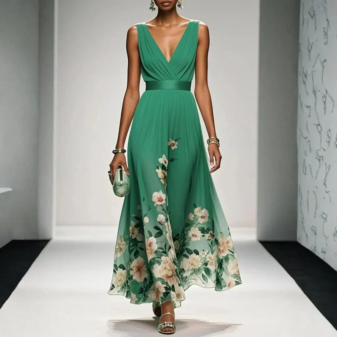 Felicitas | Damen Abendkleid mit V-Ausschnitt und Blumen