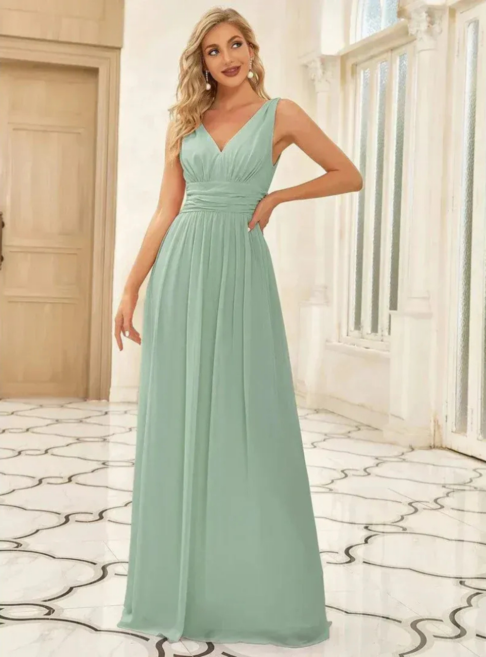 Festliches Damen Brautjungfernkleid mit V-Ausschnitt | Maxi Kleid