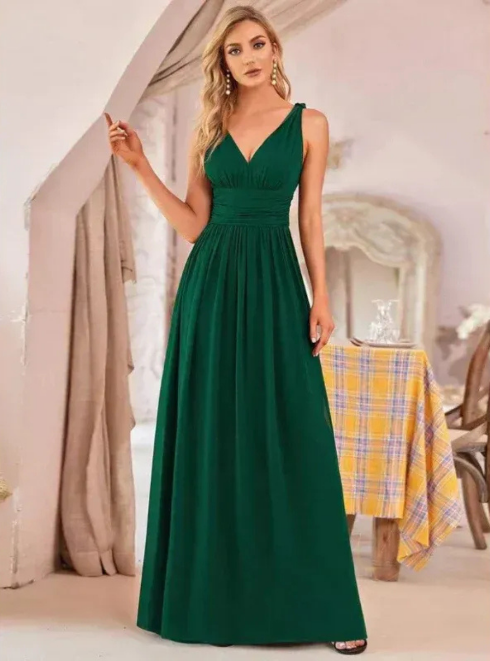 Festliches Damen Brautjungfernkleid mit V-Ausschnitt | Maxi Kleid