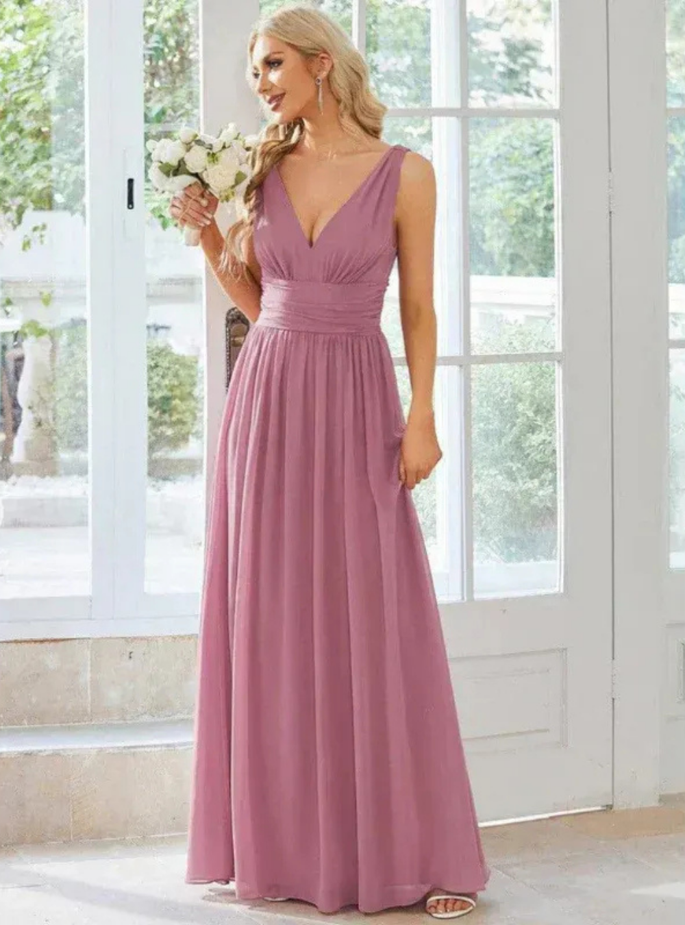 Festliches Damen Brautjungfernkleid mit V-Ausschnitt | Maxi Kleid
