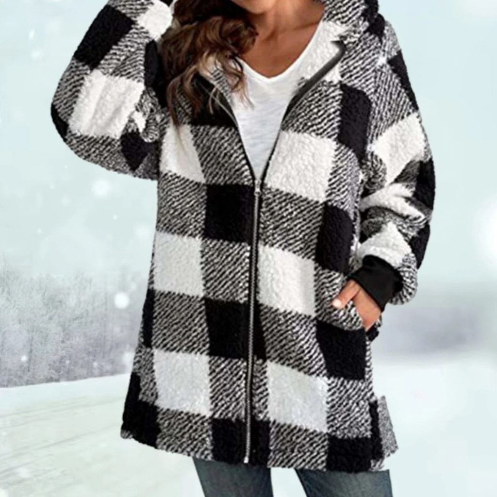 Fia | Damen Karierte Strickjacke mit Kapuze und Reißverschluss