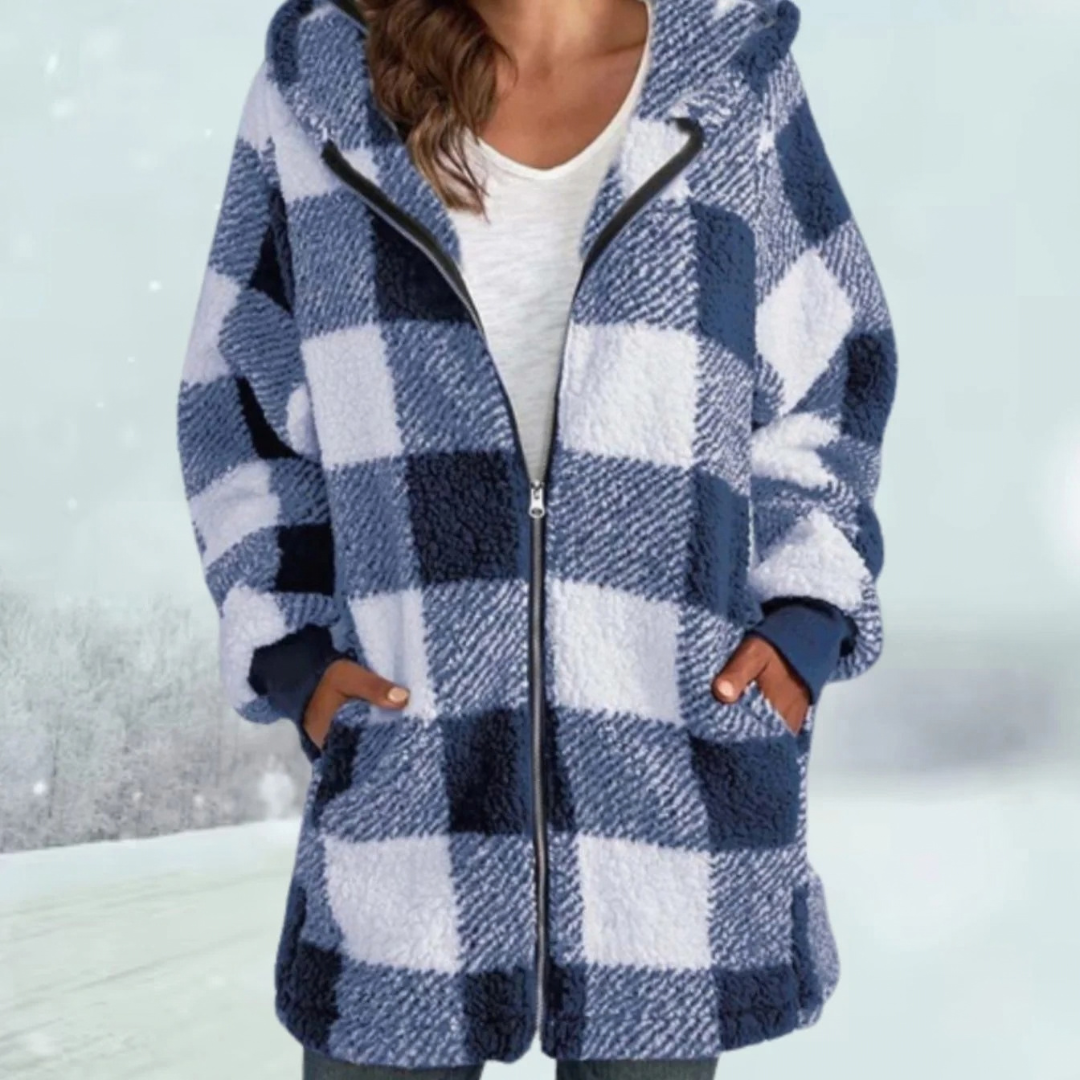 Fia | Damen Karierte Strickjacke mit Kapuze und Reißverschluss