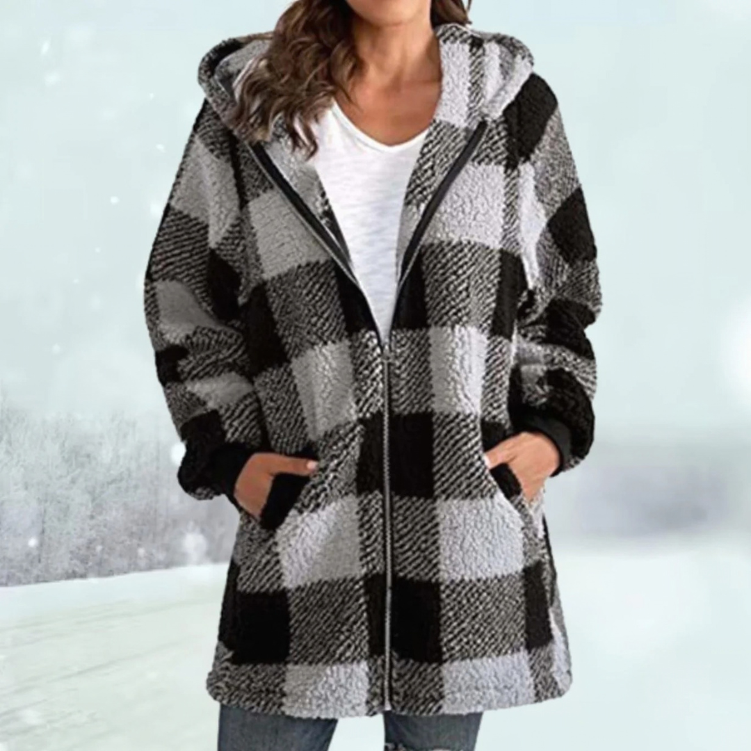 Fia | Damen Karierte Strickjacke mit Kapuze und Reißverschluss