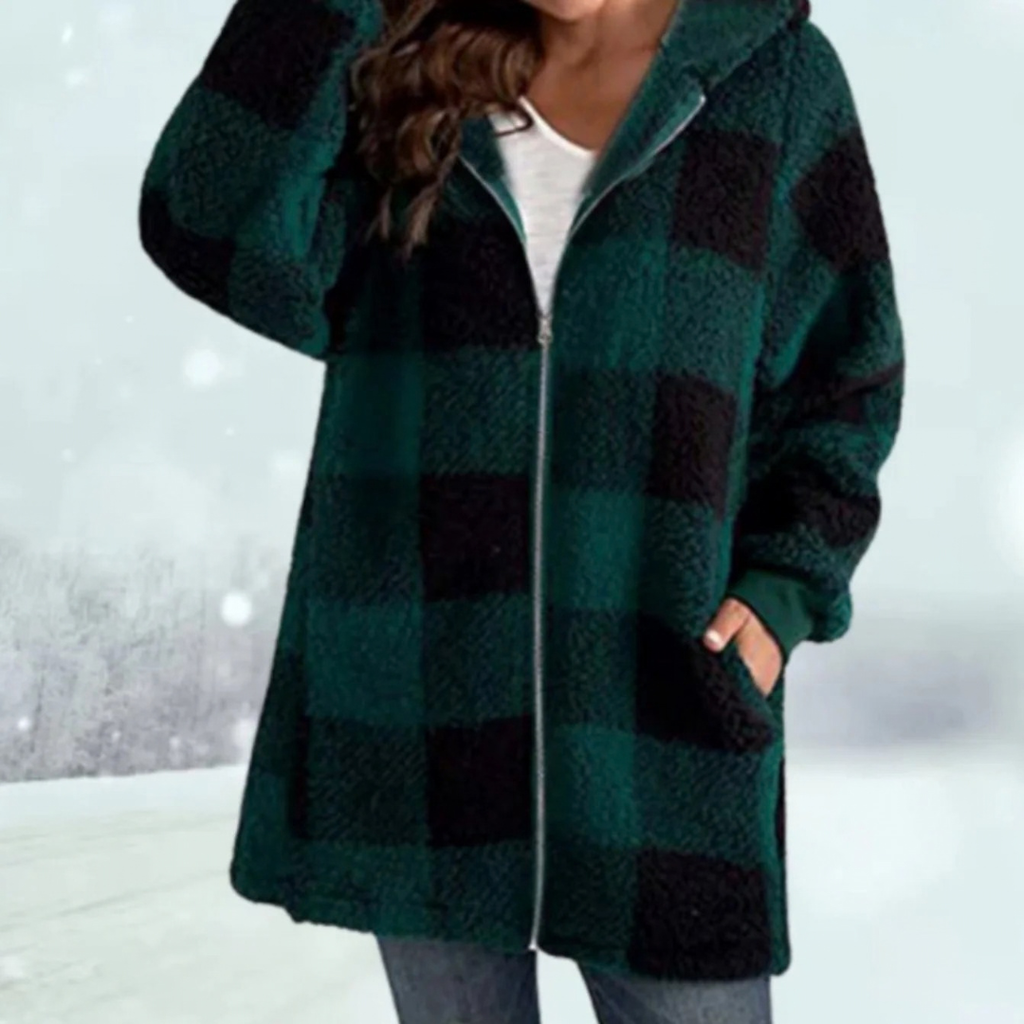 Fia | Damen Karierte Strickjacke mit Kapuze und Reißverschluss