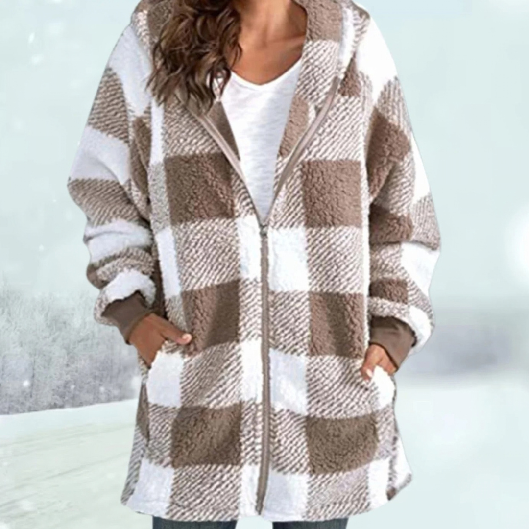 Fia | Damen Karierte Strickjacke mit Kapuze und Reißverschluss